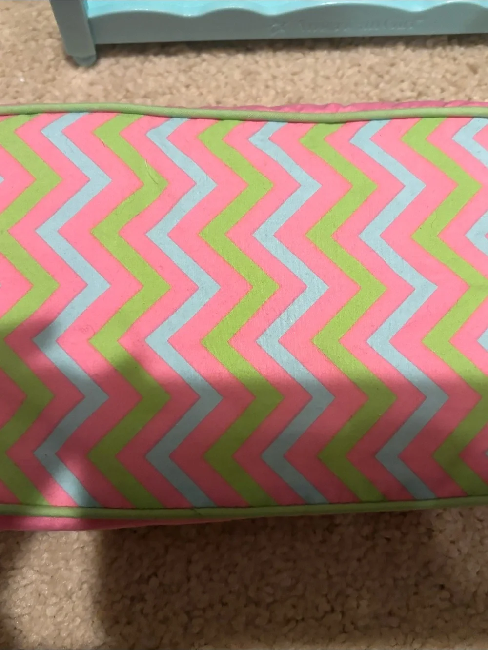 American Girl Dog Sofa Blue Frame 2017 with Pink, Aqua, Lime Chevron Mattress